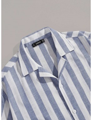 Men Button Up Notched Striped Shirt