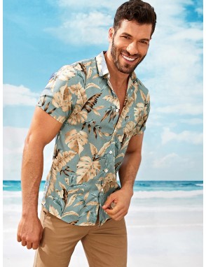 Men Tropical Print Hawaiian Shirt