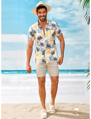 Men Tropical Print Curved Hem Shirt