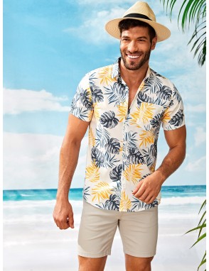 Men Tropical Print Curved Hem Shirt