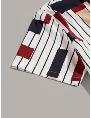 Men Stripe & Geo Print Pocket Shirt