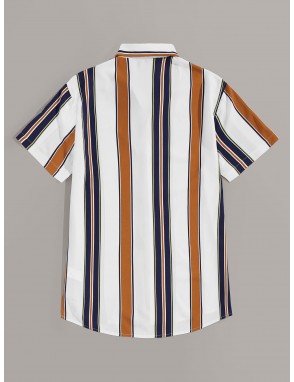 Men Notch Collar Colorblock Striped Shirt