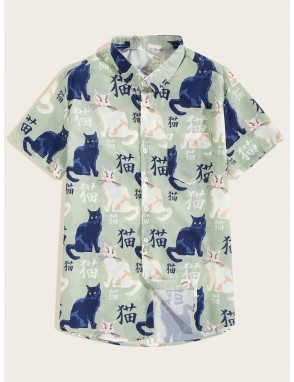 Men Button Front Letter And Cat Print Shirt