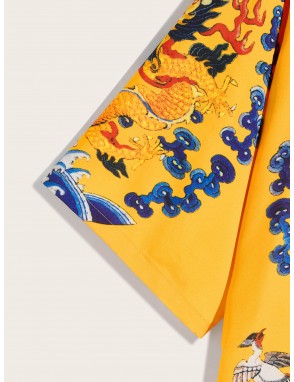 Men Dragon & Crane Print Kimono