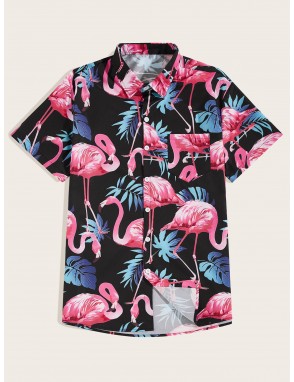 Men Flamingo Print Curved Hem Hawaiian Shirt