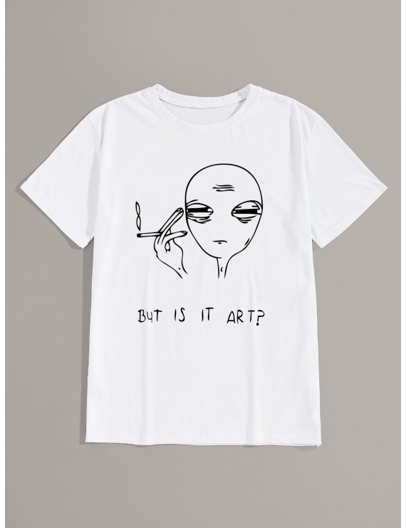 Men Alien & Slogan Print Short Sleeve Tee