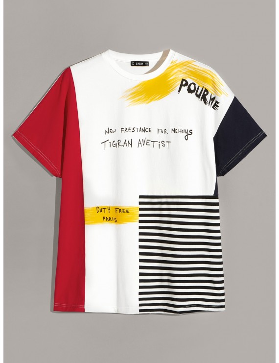 Men Cut-and-sew Letter & Striped T-shirt