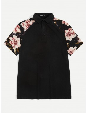 Men Flower Raglan Sleeve Polo Shirt