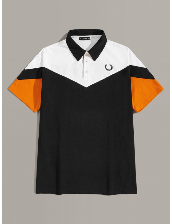 Men Embroidered Detail Colorblock Polo Shirt