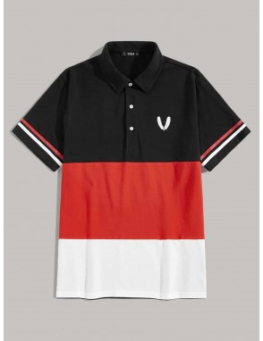 Men Feather Print Varsity Striped Sleeve Colorblock Polo Shirt