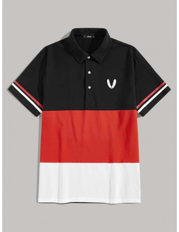 Men Feather Print Varsity Striped Sleeve Colorblock Polo Shirt