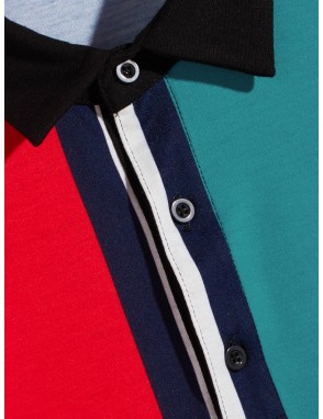 Men Contrast Collar Striped Polo Shirt