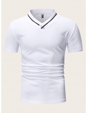 Men Contrast Tape Stand Collar Polo Shirt