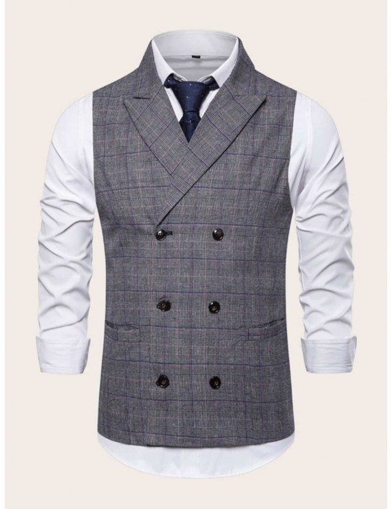 Men Double Breasted Plaid Waistcoat