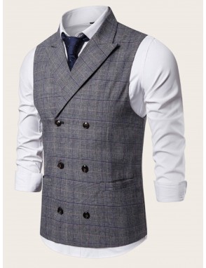Men Double Breasted Plaid Waistcoat