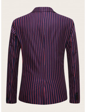 Men Lapel Collar Single Button Vertical-striped Blazer