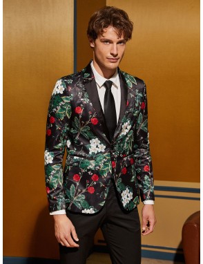Men Botanical Print Peak Collar Single Buttoned Satin Blazer