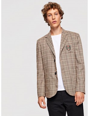 Men Single Breasted Patched Front Plaid Blazer
