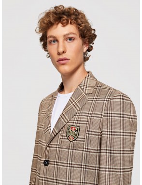 Men Single Breasted Patched Front Plaid Blazer