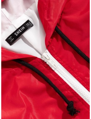 Men Pocket Side Cut-and-sew Drawstring Hooded Windbreaker Jacket