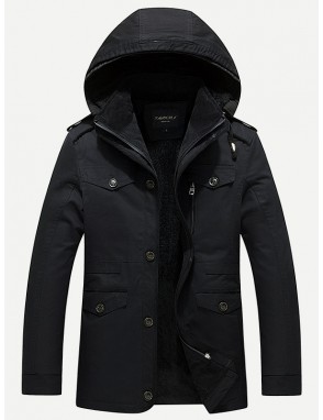 Men Pocket & Drawstring Detail Solid Hooded Coat