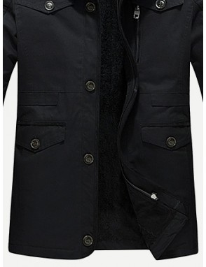 Men Pocket & Drawstring Detail Solid Hooded Coat