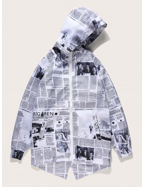 Men Newspaper Print Zip Up Hooded Jacket