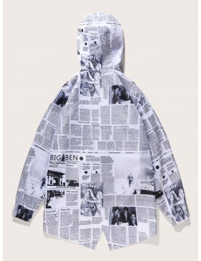 Men Newspaper Print Zip Up Hooded Jacket