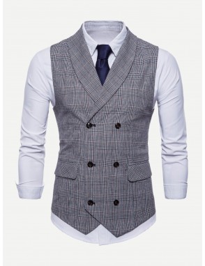 Men Plaid Double Breasted Pointed Hem Vest