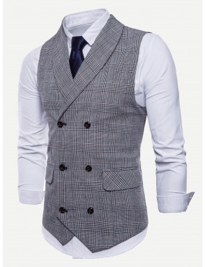 Men Plaid Double Breasted Pointed Hem Vest