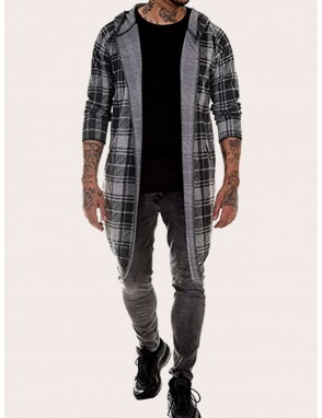 Men Tartan Print Asymmetrical Hem Hooded Outerwear