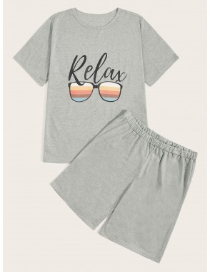 Men Sunglass & Letter Graphic Pajama Set