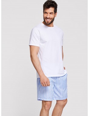Men Solid Short Sleeve Tee & Striped Shorts PJ Set
