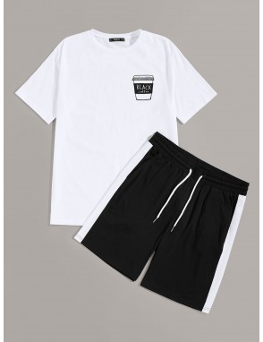 Men Cup & Letter Graphic Tee and Contrast Sideseam Shorts PJ Set