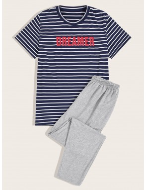 Men Letter & Stripe Print Tee & Pants PJ Sets