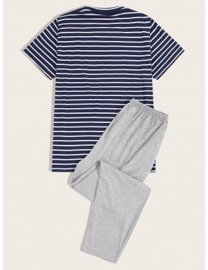 Men Letter & Stripe Print Tee & Pants PJ Sets