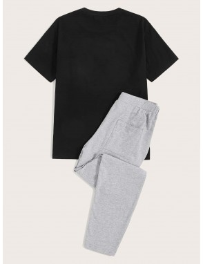 Men Slogan Graphic Tee & Heather Grey Sweatpants PJ Set
