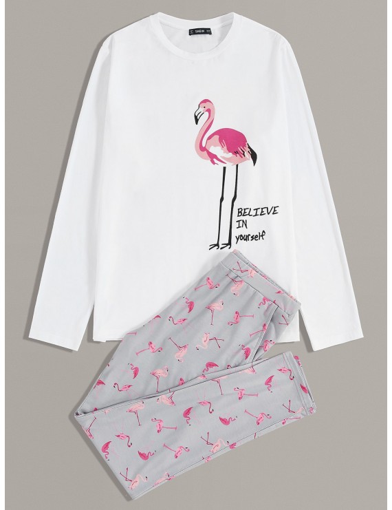Men Flamingo and Slogan Graphic Tee and Pants PJ Set