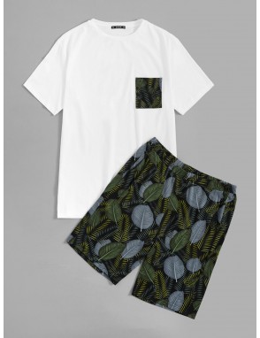 Men Single Pocket Top & Tropical Shorts PJ Set