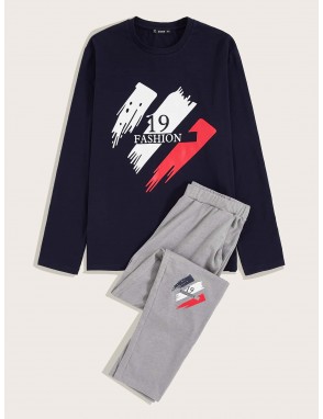 Men Number and Letter Graphic Tee and Pants PJ Set