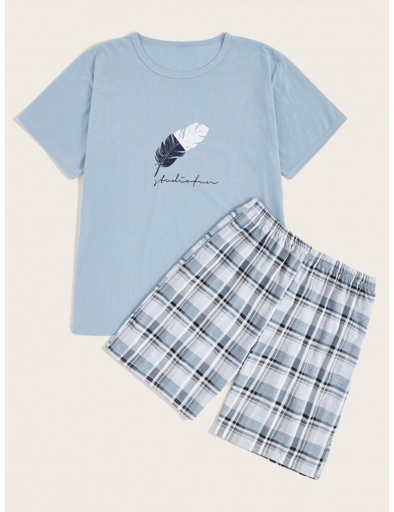 Men Feather Print Plaid Pajama Set