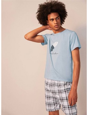 Men Feather Print Plaid Pajama Set
