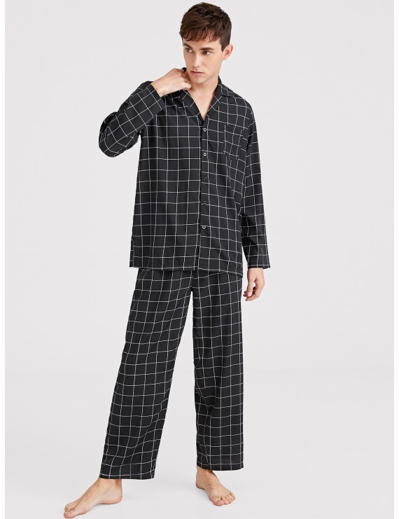 Men Plaid Button-up Pajama Set