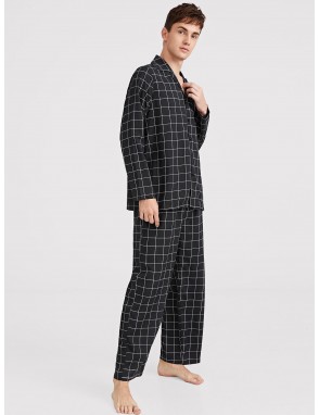 Men Plaid Button-up Pajama Set