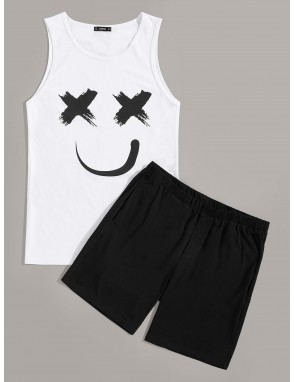Men Smile Print Tank Top & Shorts PJ Set