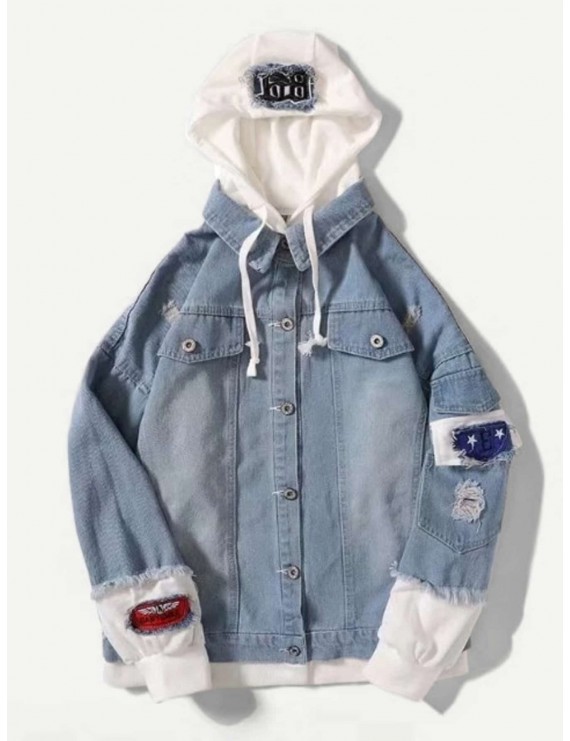 Men 2 In 1 Ripped & Patch Detail Hooded Denim Jacket