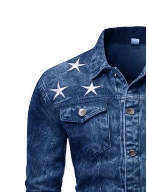 Men Fade Washed Star Embroidery Denim Jacket