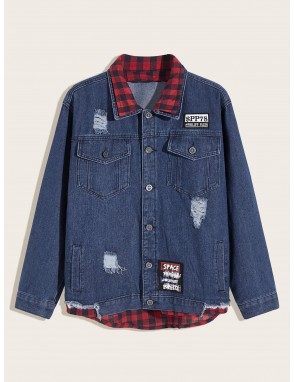 Men Letter Patched Ripped Denim Combo Jacket