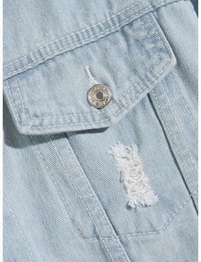 Men Button Flap Pocket Ripped Denim Jacket