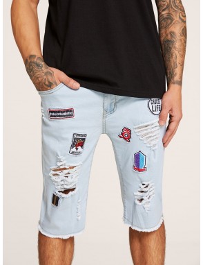 Men Patched & Ripped Detail Denim Shorts